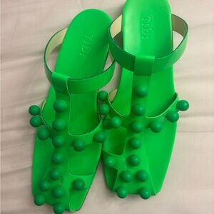 Tibi Neon Green Bead-Embellished Leather Slide Sandals